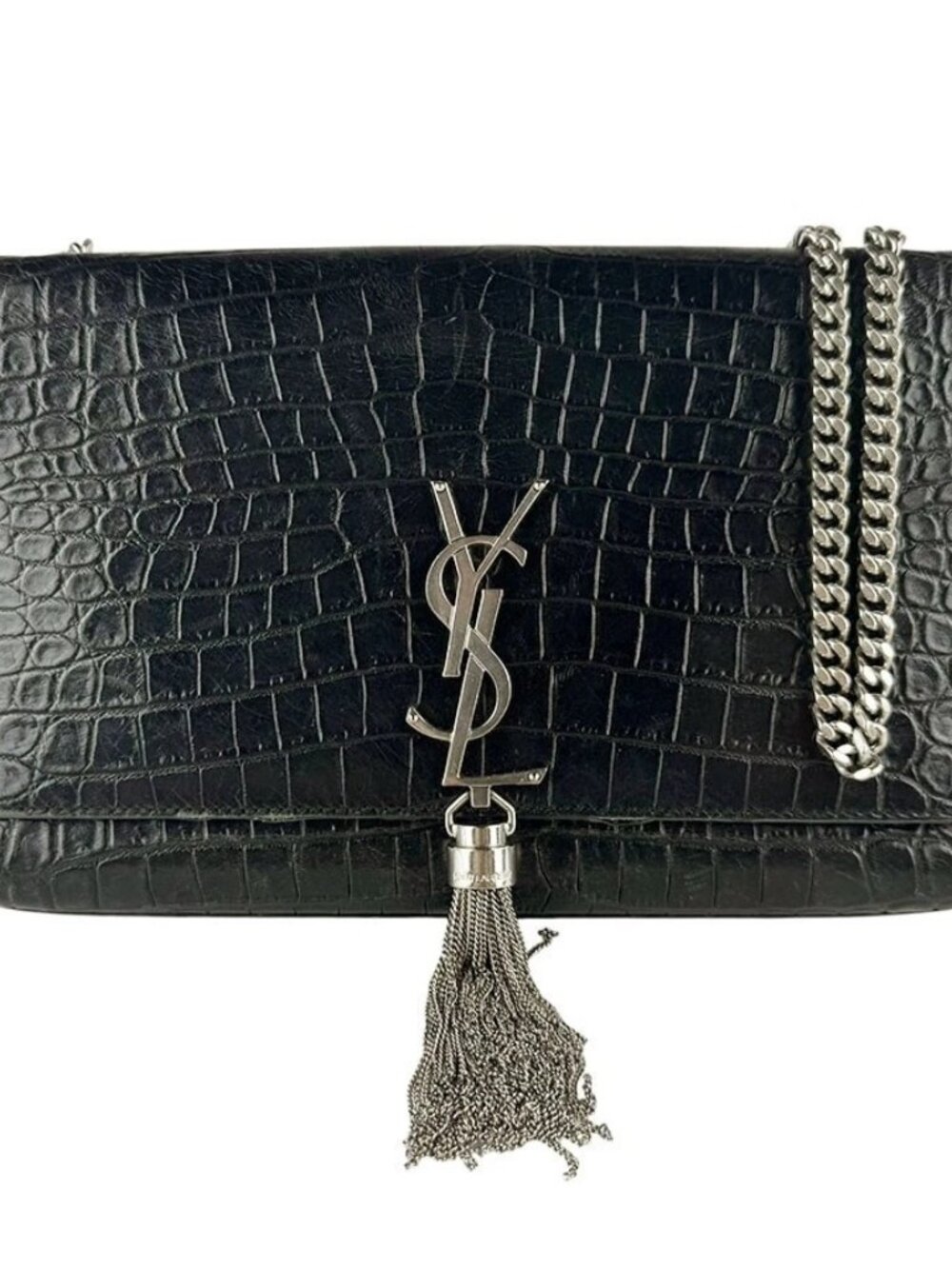 SAINT LAURENT Chian Shoulder Bag Black/Silver Embossed Leather